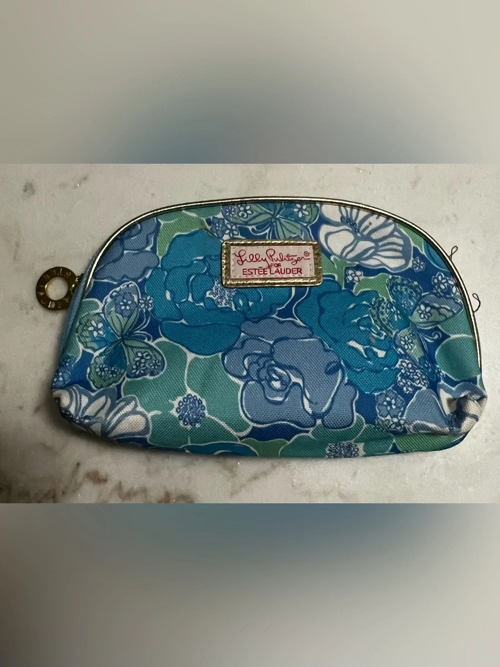 Lilly Pulitzer for Estée Lauder Cosmetic bag pouch gold Zip Close Pink Lined
